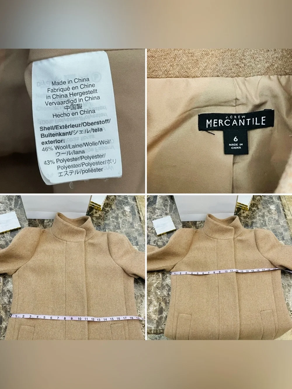 J. Crew Camel Wool-Blend Stand Collar Pea Coat